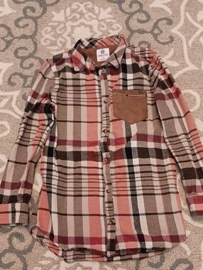 Marleylilly Coral Plaid Button-Down Shirt with Suede Pocket